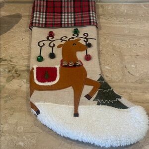 NWT Festive Reindeer Christmas Stocking with Plaid Cuff